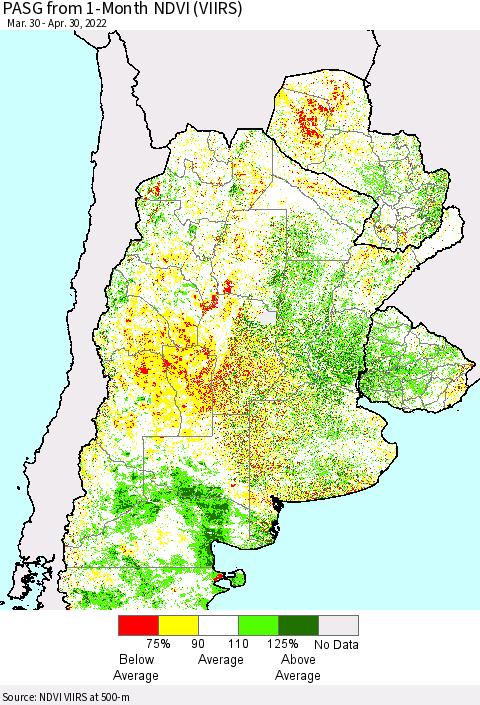 Southern South America PASG from 1-Month NDVI (VIIRS) Thematic Map For 4/21/2022 - 4/30/2022