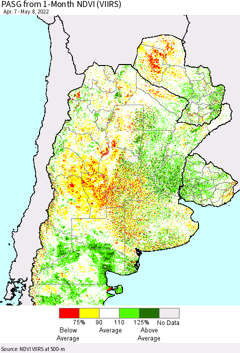 Southern South America PASG from 1-Month NDVI (VIIRS) Thematic Map For 5/1/2022 - 5/8/2022