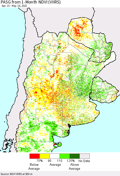 Southern South America PASG from 1-Month NDVI (VIIRS) Thematic Map For 5/9/2022 - 5/16/2022