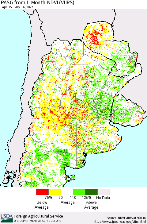 Southern South America PASG from 1-Month NDVI (VIIRS) Thematic Map For 5/11/2022 - 5/20/2022
