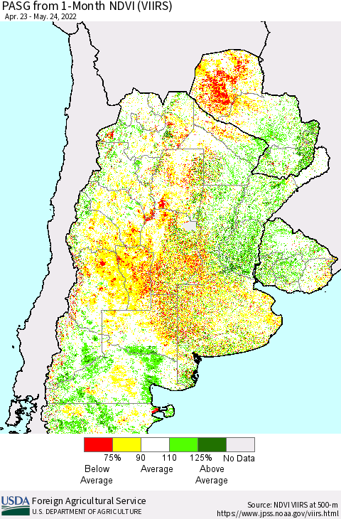 Southern South America PASG from 1-Month NDVI (VIIRS) Thematic Map For 5/21/2022 - 5/31/2022