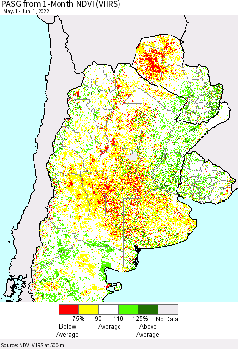 Southern South America PASG from 1-Month NDVI (VIIRS) Thematic Map For 5/25/2022 - 6/1/2022