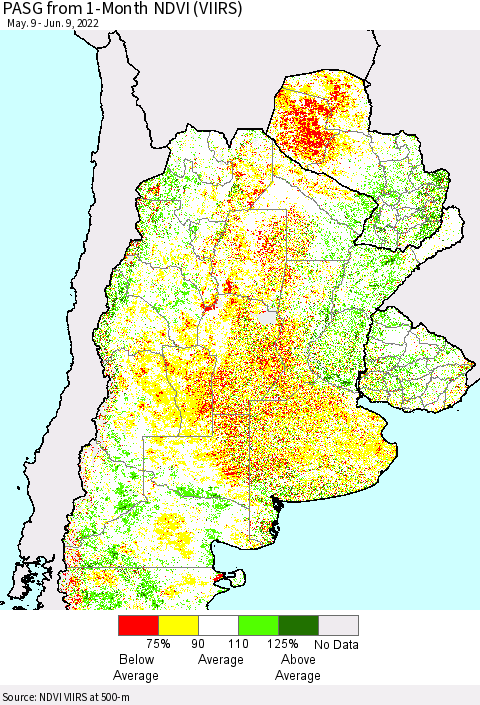 Southern South America PASG from 1-Month NDVI (VIIRS) Thematic Map For 6/2/2022 - 6/9/2022