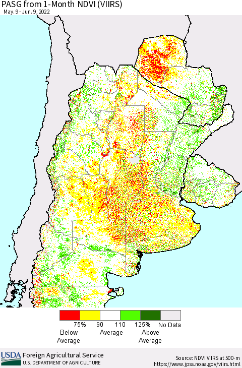 Southern South America PASG from 1-Month NDVI (VIIRS) Thematic Map For 6/1/2022 - 6/10/2022