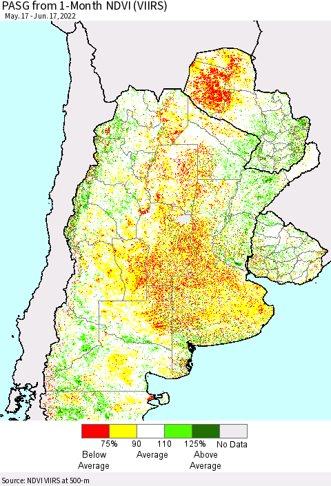 Southern South America PASG from 1-Month NDVI (VIIRS) Thematic Map For 6/10/2022 - 6/17/2022