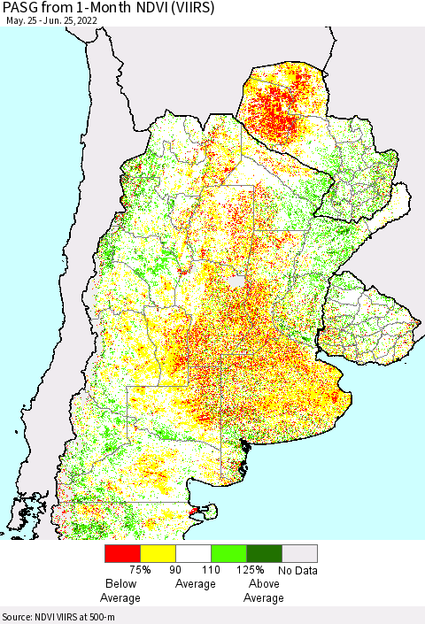 Southern South America PASG from 1-Month NDVI (VIIRS) Thematic Map For 6/18/2022 - 6/25/2022