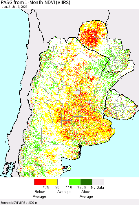 Southern South America PASG from 1-Month NDVI (VIIRS) Thematic Map For 6/26/2022 - 7/3/2022