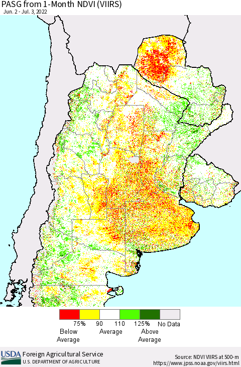 Southern South America PASG from 1-Month NDVI (VIIRS) Thematic Map For 7/1/2022 - 7/10/2022