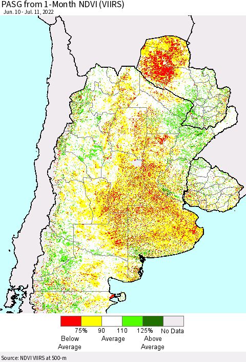 Southern South America PASG from 1-Month NDVI (VIIRS) Thematic Map For 7/4/2022 - 7/11/2022