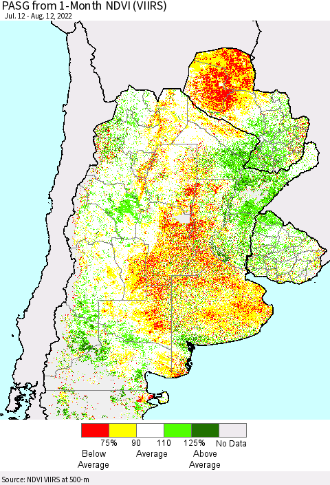 Southern South America PASG from 1-Month NDVI (VIIRS) Thematic Map For 8/5/2022 - 8/12/2022