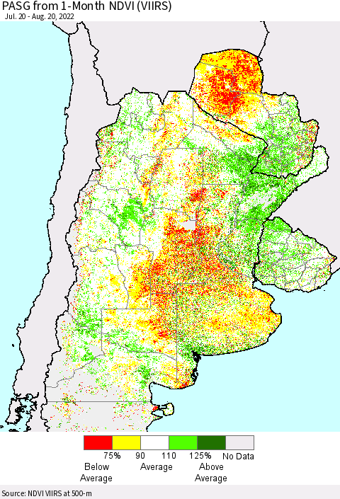Southern South America PASG from 1-Month NDVI (VIIRS) Thematic Map For 8/11/2022 - 8/20/2022