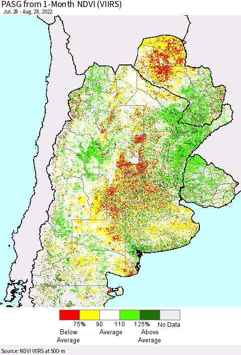 Southern South America PASG from 1-Month NDVI (VIIRS) Thematic Map For 8/21/2022 - 8/28/2022