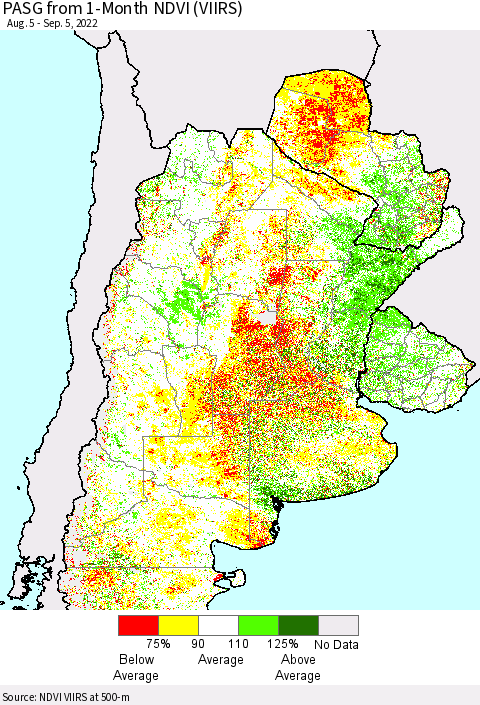 Southern South America PASG from 1-Month NDVI (VIIRS) Thematic Map For 8/29/2022 - 9/5/2022