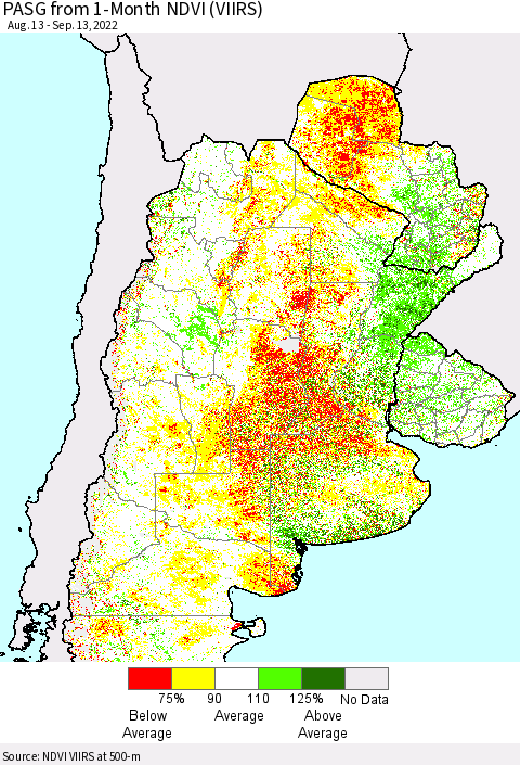 Southern South America PASG from 1-Month NDVI (VIIRS) Thematic Map For 9/6/2022 - 9/13/2022