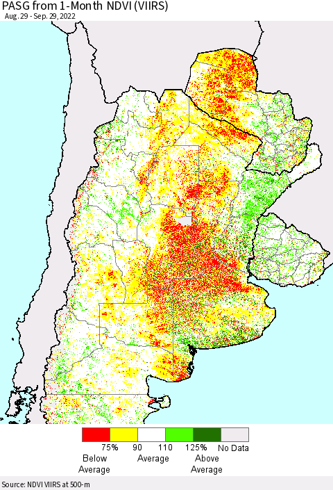 Southern South America PASG from 1-Month NDVI (VIIRS) Thematic Map For 9/22/2022 - 9/29/2022