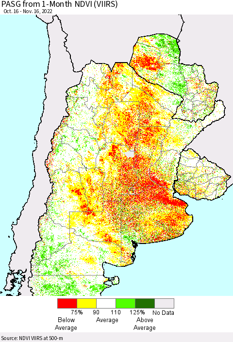 Southern South America PASG from 1-Month NDVI (VIIRS) Thematic Map For 11/9/2022 - 11/16/2022