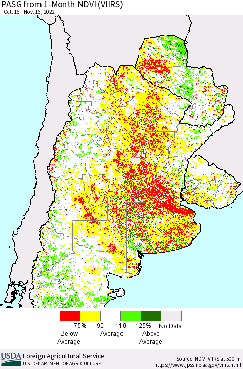 Southern South America PASG from 1-Month NDVI (VIIRS) Thematic Map For 11/11/2022 - 11/20/2022