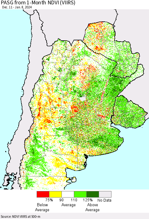Southern South America PASG from 1-Month NDVI (VIIRS) Thematic Map For 1/1/2024 - 1/8/2024