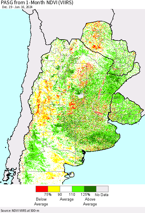 Southern South America PASG from 1-Month NDVI (VIIRS) Thematic Map For 1/9/2024 - 1/16/2024