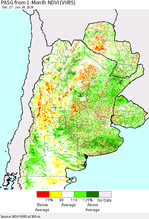 Southern South America PASG from 1-Month NDVI (VIIRS) Thematic Map For 1/17/2024 - 1/24/2024