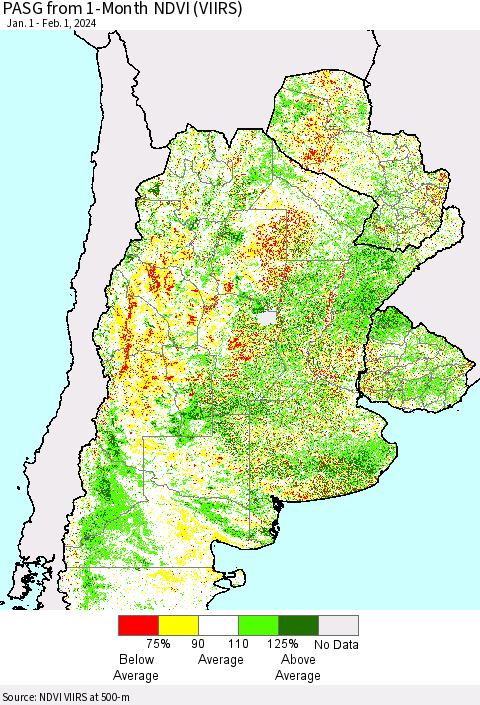 Southern South America PASG from 1-Month NDVI (VIIRS) Thematic Map For 1/25/2024 - 2/1/2024