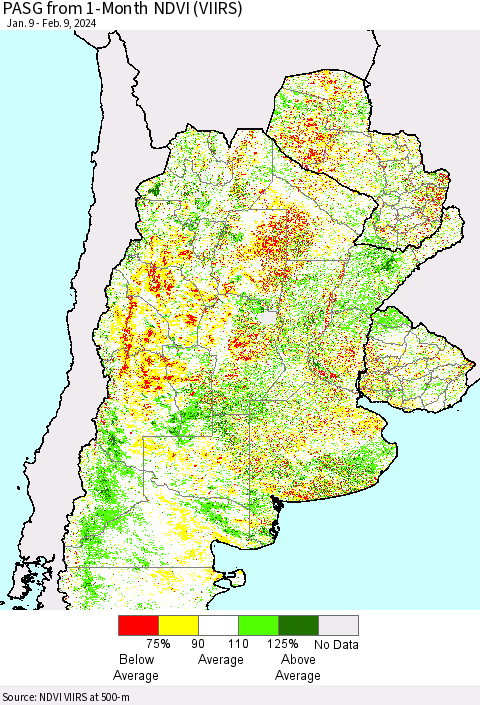 Southern South America PASG from 1-Month NDVI (VIIRS) Thematic Map For 2/2/2024 - 2/9/2024