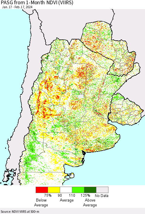 Southern South America PASG from 1-Month NDVI (VIIRS) Thematic Map For 2/10/2024 - 2/17/2024