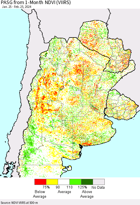 Southern South America PASG from 1-Month NDVI (VIIRS) Thematic Map For 2/18/2024 - 2/25/2024