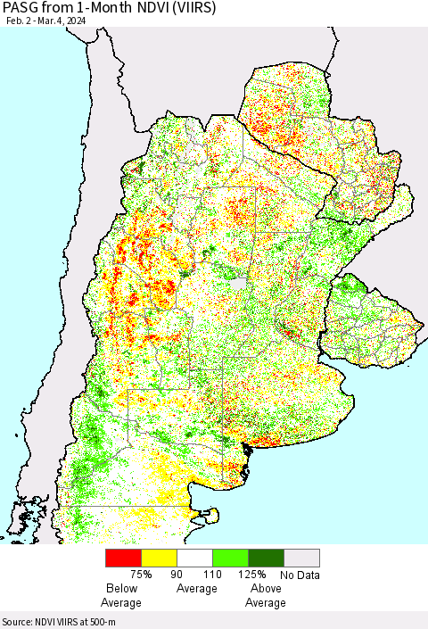 Southern South America PASG from 1-Month NDVI (VIIRS) Thematic Map For 2/26/2024 - 3/4/2024