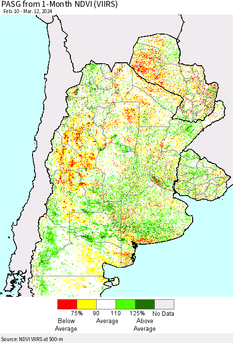 Southern South America PASG from 1-Month NDVI (VIIRS) Thematic Map For 3/5/2024 - 3/12/2024