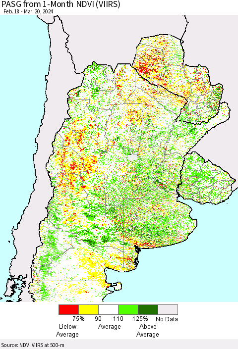 Southern South America PASG from 1-Month NDVI (VIIRS) Thematic Map For 3/13/2024 - 3/20/2024