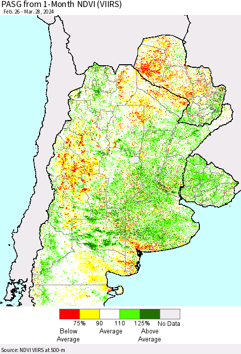 Southern South America PASG from 1-Month NDVI (VIIRS) Thematic Map For 3/21/2024 - 3/28/2024