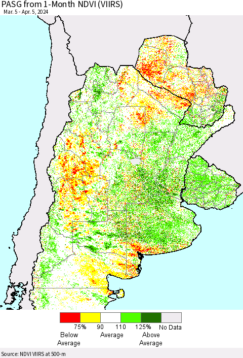Southern South America PASG from 1-Month NDVI (VIIRS) Thematic Map For 3/29/2024 - 4/5/2024