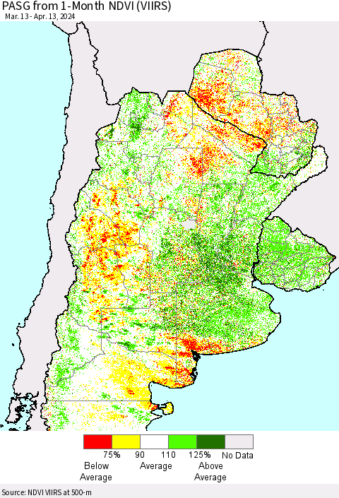 Southern South America PASG from 1-Month NDVI (VIIRS) Thematic Map For 4/6/2024 - 4/13/2024