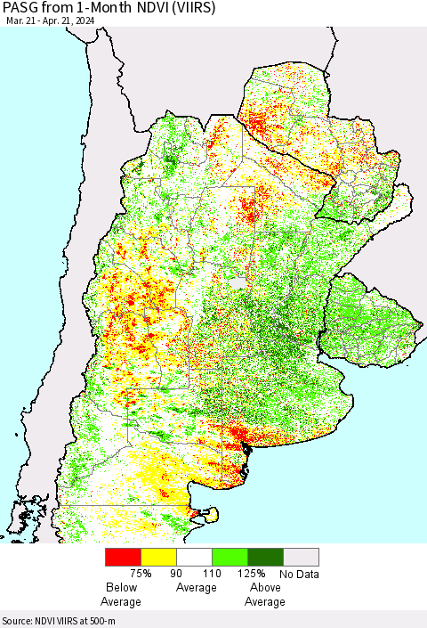 Southern South America PASG from 1-Month NDVI (VIIRS) Thematic Map For 4/14/2024 - 4/21/2024