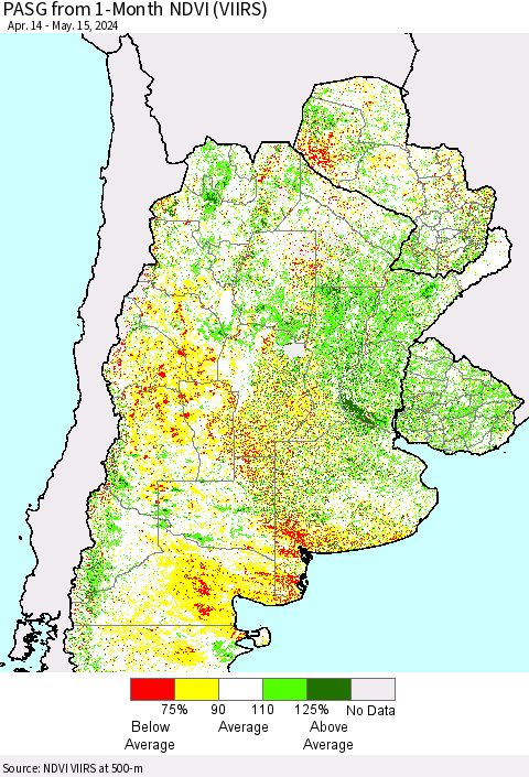 Southern South America PASG from 1-Month NDVI (VIIRS) Thematic Map For 5/8/2024 - 5/15/2024