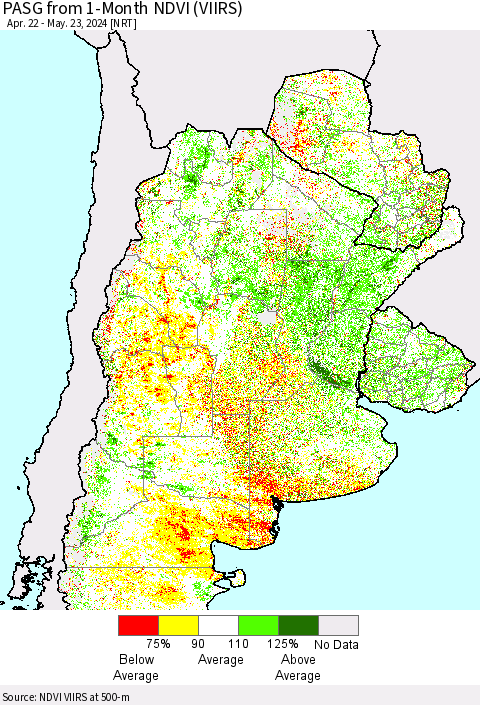 Southern South America PASG from 1-Month NDVI (VIIRS) Thematic Map For 5/16/2024 - 5/23/2024