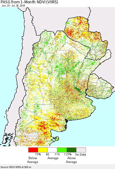 Southern South America PASG from 1-Month NDVI (VIIRS) Thematic Map For 7/19/2024 - 7/26/2024