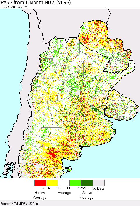 Southern South America PASG from 1-Month NDVI (VIIRS) Thematic Map For 7/27/2024 - 8/3/2024