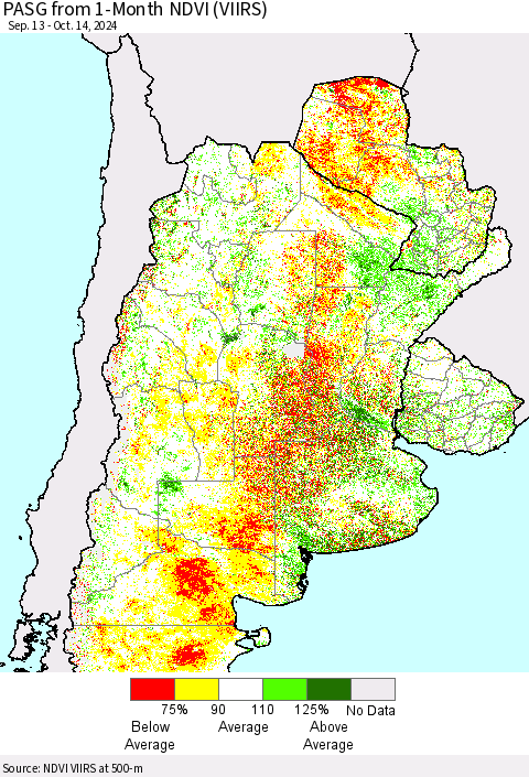 Southern South America PASG from 1-Month NDVI (VIIRS) Thematic Map For 10/7/2024 - 10/14/2024
