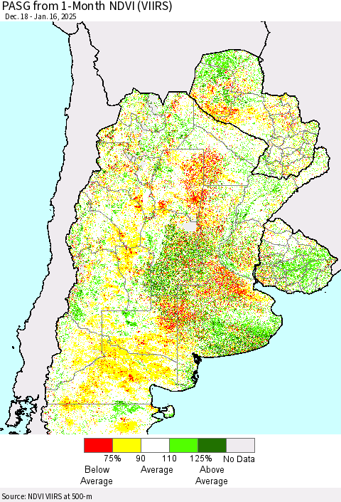 Southern South America PASG from 1-Month NDVI (VIIRS) Thematic Map For 1/9/2025 - 1/16/2025