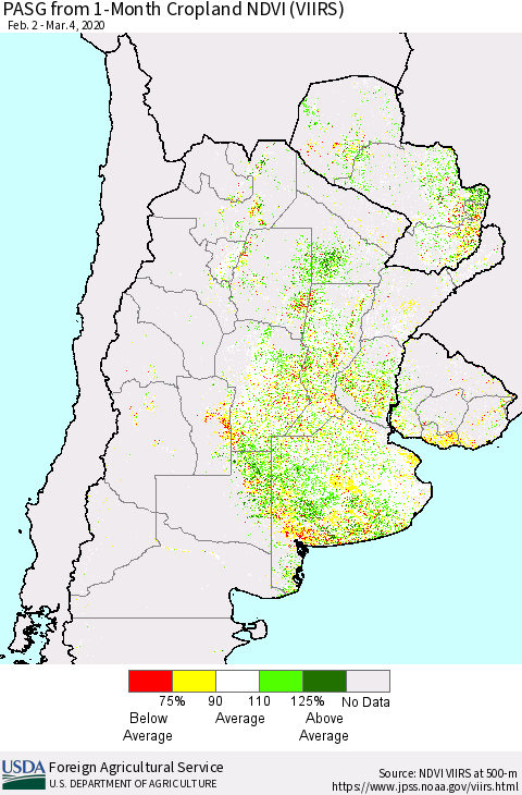 Southern South America PASG from 1-Month Cropland NDVI (VIIRS) Thematic Map For 3/1/2020 - 3/10/2020