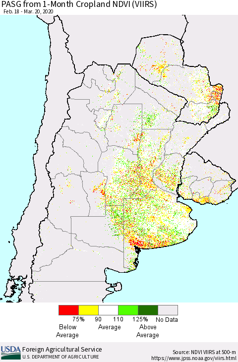 Southern South America PASG from 1-Month Cropland NDVI (VIIRS) Thematic Map For 3/11/2020 - 3/20/2020