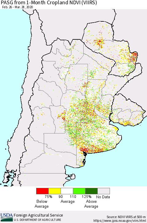 Southern South America PASG from 1-Month Cropland NDVI (VIIRS) Thematic Map For 3/21/2020 - 3/31/2020