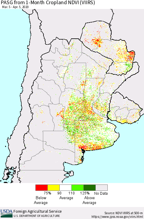 Southern South America PASG from 1-Month Cropland NDVI (VIIRS) Thematic Map For 4/1/2020 - 4/10/2020