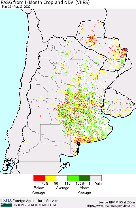 Southern South America PASG from 1-Month Cropland NDVI (VIIRS) Thematic Map For 4/11/2020 - 4/20/2020