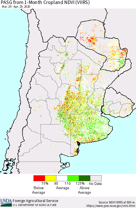 Southern South America PASG from 1-Month Cropland NDVI (VIIRS) Thematic Map For 4/21/2020 - 4/30/2020