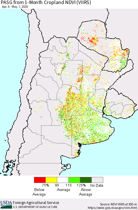 Southern South America PASG from 1-Month Cropland NDVI (VIIRS) Thematic Map For 5/1/2020 - 5/10/2020
