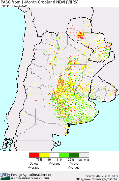 Southern South America PASG from 1-Month Cropland NDVI (VIIRS) Thematic Map For 5/11/2020 - 5/20/2020