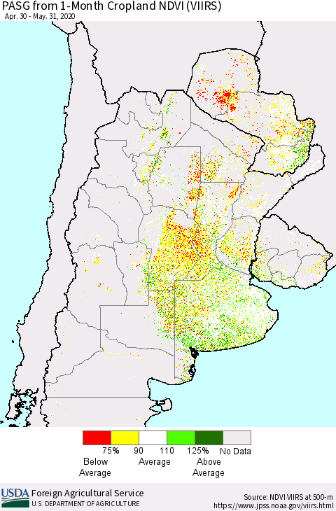Southern South America PASG from 1-Month Cropland NDVI (VIIRS) Thematic Map For 5/21/2020 - 5/31/2020